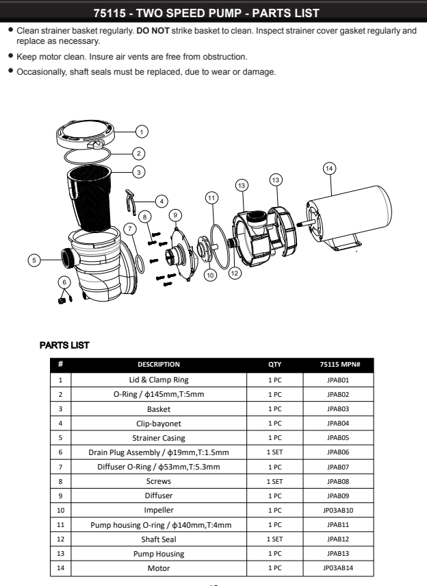 75115 PUMP POOL ABOVE GROUND 1.5HP TWO SPEED JADE PARTS LISTING