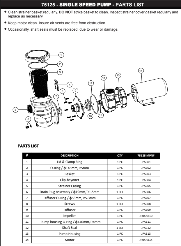 75125 PUMP POOL ABOVE GROUND 1.5HP SINGLE SPEED PARTS LISTING