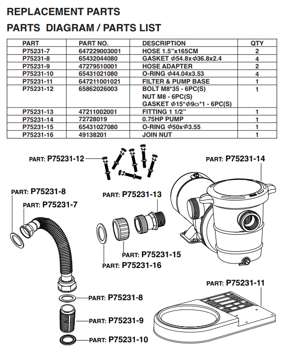 75231 POOL CARTRIDGE FILTER W/ PUMP 1800 GPH PARTS LISTING