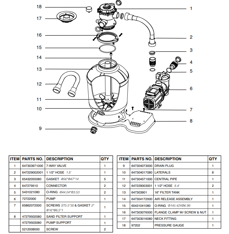 75131 PARTS LISTING POOL SAND FILTER 16" W/ PUMP 3100GPH 3/4HP