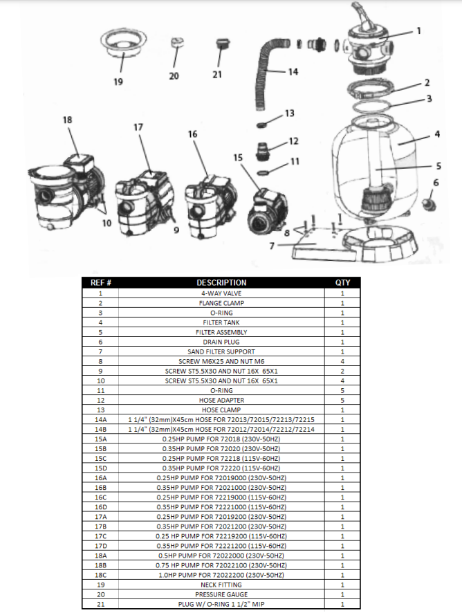 75138 PARTS LISTING POOL SAND FILTER 13" W/ PUMP