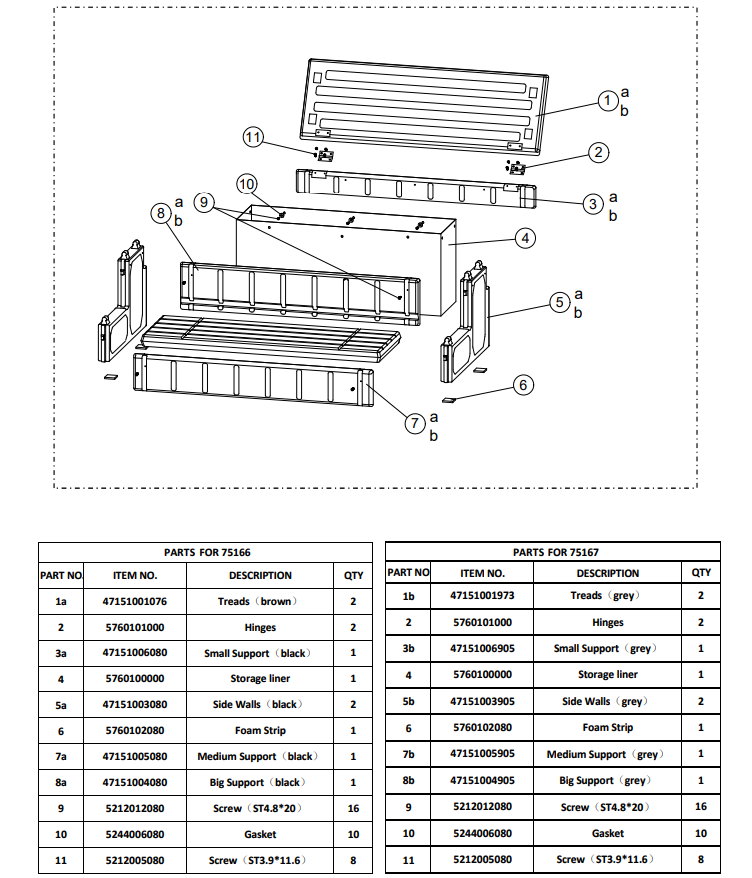 75166 (Brown) / 75167 (Grey) PARTS LISTING POOL STEP SPA W/ STORAGE