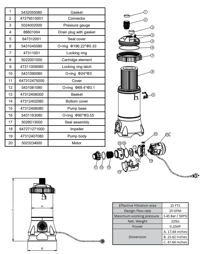 75204 PARTS LISTING POOL CARTRIDGE FILTER W/ ELEMENT