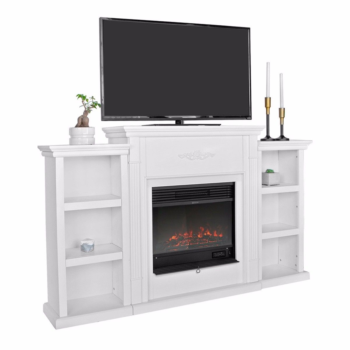Barton Freestanding Mantel Bookcases TV Stand with Electric Fireplace White