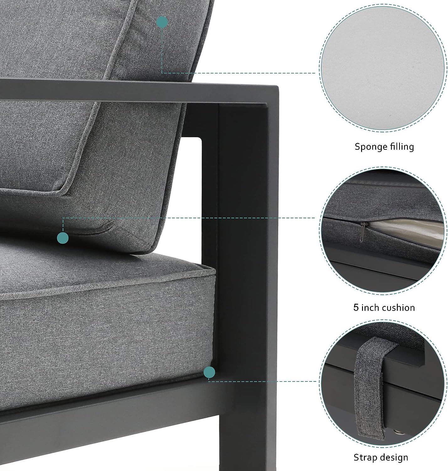 3-Seat Outdoor Patio Sofa Couch Chair Patio Aluminum 5" Thick Cushions (Grey)