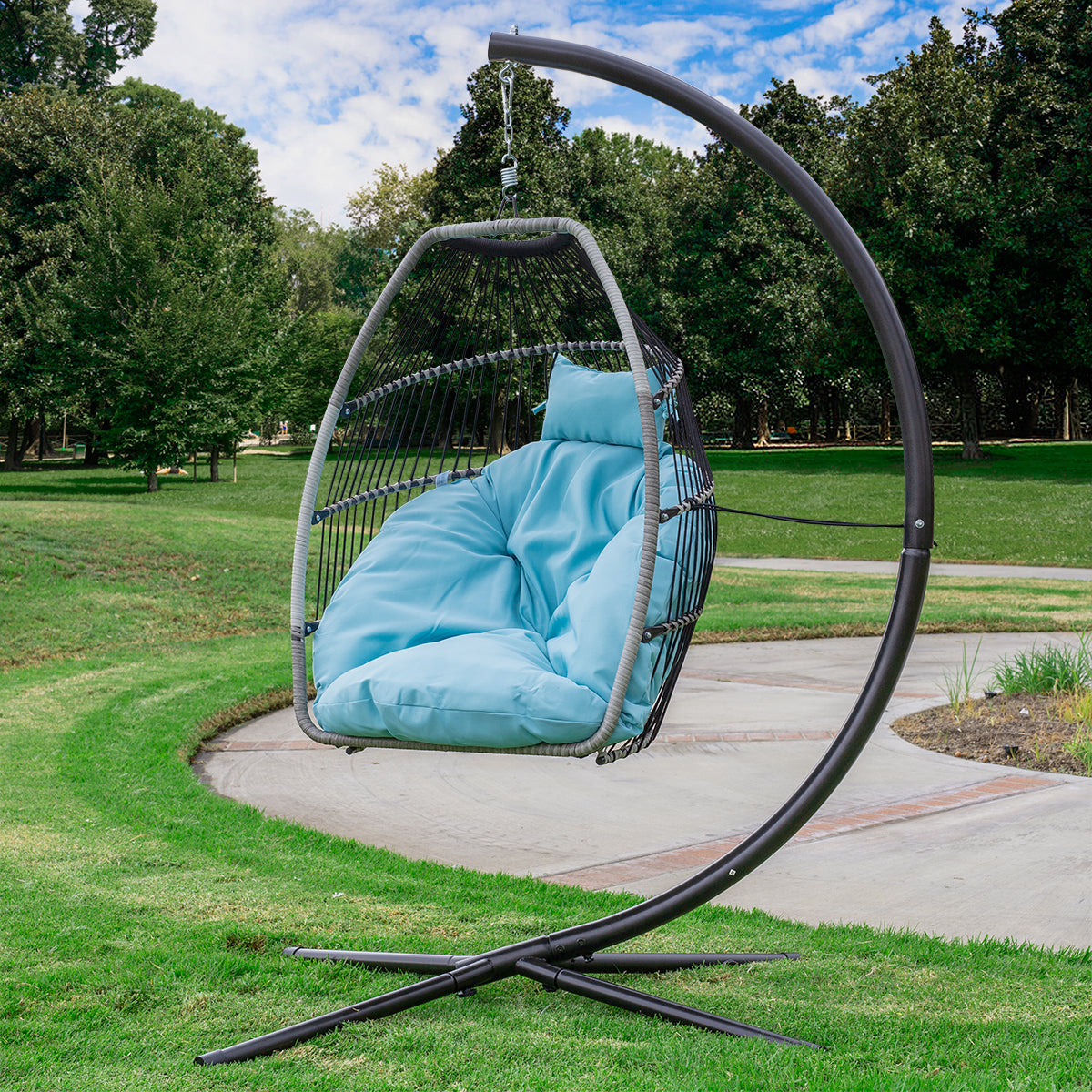 Premium Hanging Egg Swing Chair UV Resistant Fluffy Cushion Large Basket Style Patio Seating, Blue