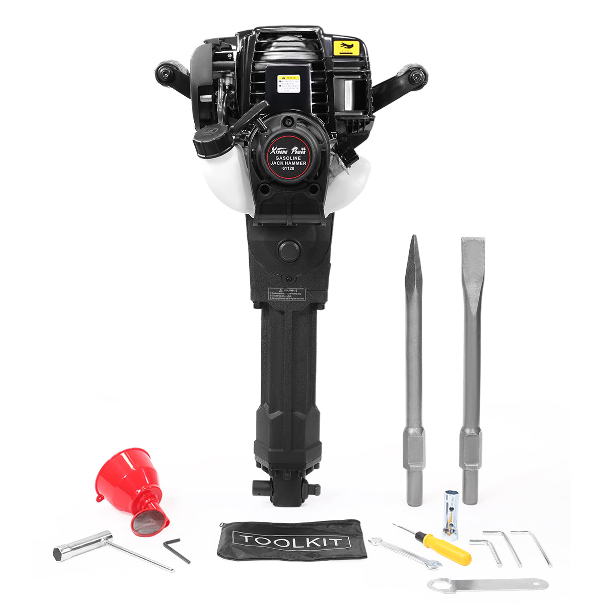 XtremepowerUS 38cc Gas Powered 4-Stroke 26 in. x 15 in. Demolition Concrete Breaker Drill Jack Hammer with 2 Chisel Plastic Handle