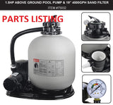 75032 POOL SAND FILTER 19" W/ PUMP PARTS LISTING