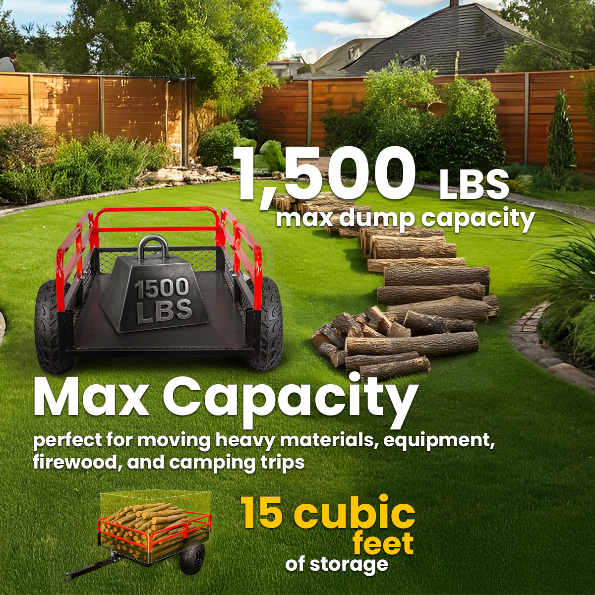 ATV UTV Trailer Tow Behind Dump Cart, 1500lbs Garden Pull Trailer Mower Tractor