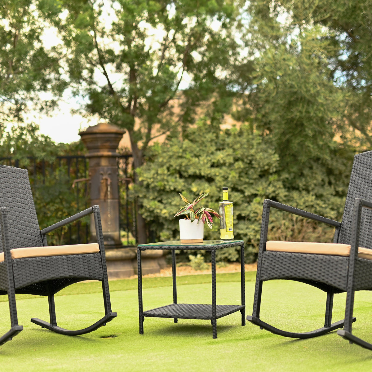 Barton 3-Pieces Outdoor Patio High-Back Rocker Set Cushioned Chair Rat ...