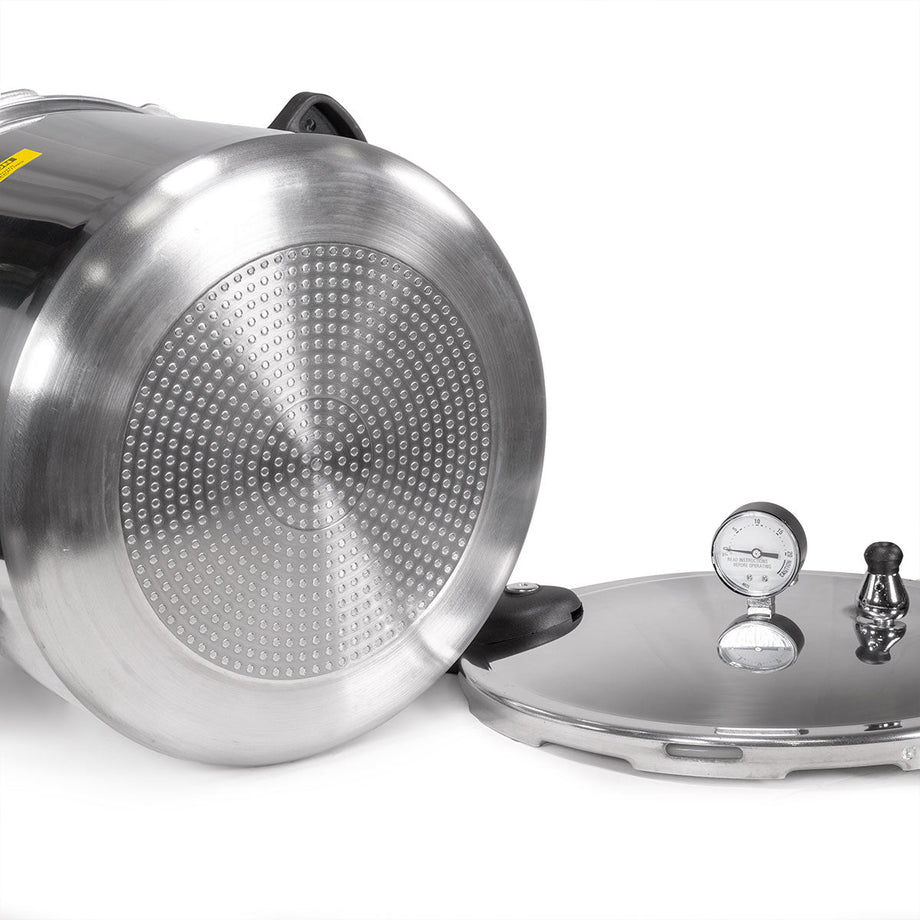 22 qt. Aluminum Pressure Cooker With Built-in Canner Pressure Dial Gauge Compatible on Gas or Electric Stove 22 qt. Aluminum Pressure Cooker With Built-in Canner Pressure Dial Gauge Compatible on Gas or Electric Stove