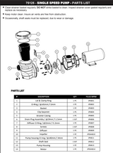 75125 PUMP POOL ABOVE GROUND 1.5HP SINGLE SPEED PARTS LISTING