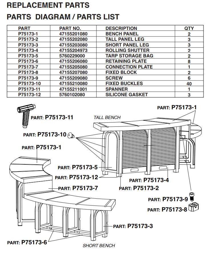 75173 SPA BENCH SET 2 MEDIUM 2 TALL W/ STORAGE & ROLLER SHADE PARTS LISTING