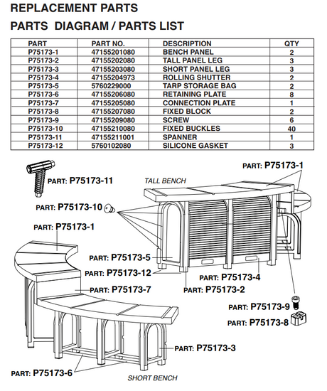 75173 SPA BENCH SET 2 MEDIUM 2 TALL W/ STORAGE & ROLLER SHADE PARTS LISTING