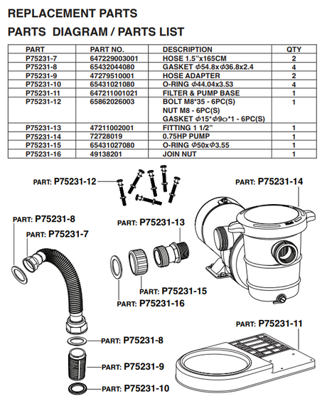 75231 POOL CARTRIDGE FILTER W/ PUMP 1800 GPH PARTS LISTING