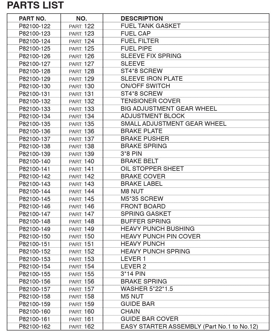 82100-XP CHAINSAW GAS 58CC 22" EPA PARTS LISTING